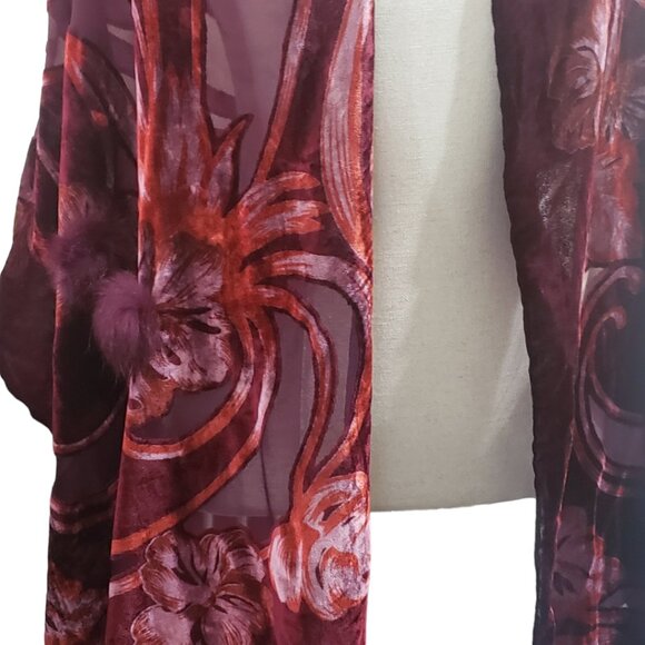 CT1770 Red & Burgundy Wrap Fringed with Pom Poms - Picture 2 of 7